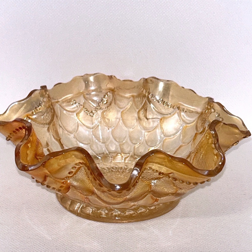 Vintage Amber Ruffled Pressed Glass Candy Dish Scalloped Bowl